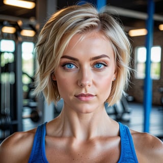 Beautiful blonde woman wearing a tank top, short hair, portrait, close up view, intense blue eyes, gym background