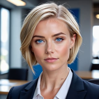 Beautiful blonde woman wearing a business suit, short hair, portrait, close up view, intense blue eyes, office background