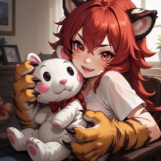 Monster tiger-girl, red eyes, claws, playing with a stuffed mouse toy