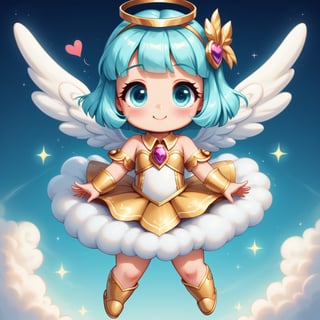 Cute little angel girl, petite, golden armor with lacy frills and ruffles, heart designs, a tiny sword with a heart shaped pommel, tiny angel wings, sparkles floating around her, white puffy clouds