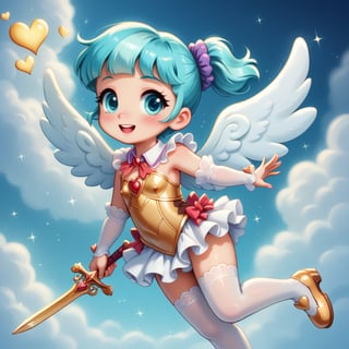 Cute little angel girl, petite, golden armor with lacy frills and ruffles, heart designs, a tiny sword with a heart shaped pommel, tiny angel wings, sparkles floating around her, white puffy clouds