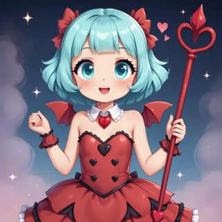 Cute little devil girl, petite, red armor with lacy frills and ruffles, heart designs, a tiny trident with a heart shaped pommel, tiny devil wings, sparkles floating around her, black puffy smoke