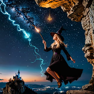 Beautiful blonde girl, Witch, casting a spell, levitation, levitating, glowing sigils floating around her, witch hat, wand, above a cliff, night sky behind her, view from below, looking up