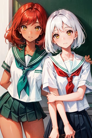 A girl with yellow eyes, red hair, and fair skin, wearing a school uniform. A second girl, beside her, with short white hair, tan skin, and emerald eyes, also wearing a school uniform. Two cute girls.