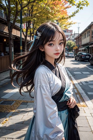 (8k, best quality, masterpiece:1.2),(best quality:1.0), (ultra highres:1.0), middle body shot, medium shot, a beautiful loli,  flowing hair by the wind, extremely luminous bright design, autumn lights,hanfu,midjourney,little_cute_girl