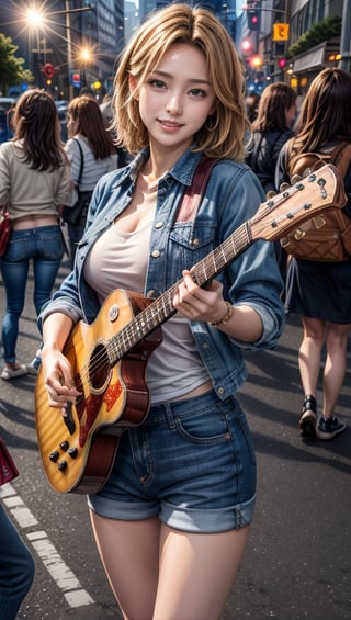 (8k uhd, masterpiece, best quality, high quality, absurdres, ultra-detailed, detailed background), full-body_portrait, 1girl, 25yo,  tilted head, smile,realistic, blonde, tanned skin,  jeans, t-shirt, denim jackets, timberland 
boots. guitarist, busking,  playing an electric guitar, afternoon, dynamic lighting and backlight, complex, anatomically_correct,High detailed ,Color magic,rihasuta,guitarshop