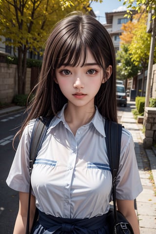 (8k, best quality, masterpiece:1.2),(best quality:1.3), (ultra highres:1.0), RAW photo, realistic photo, a beautiful girl, from head to waist, Indonesian student, Indonesian high school, Scout uniform, school bag, extremely luminous bright design, autumn lights, side bangs, thin lips, cute face ,little_cute_girl