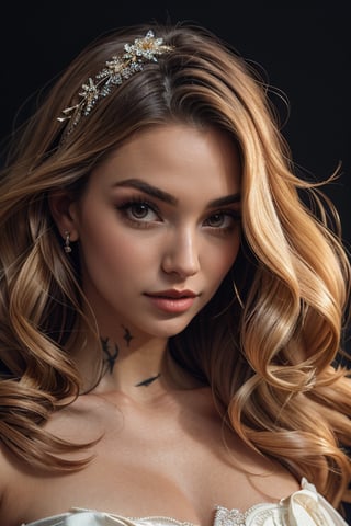 a beautiful female model, a beautiful young woman with long, wavy hair, possibly highlighted, wearing an era dress with lace and gemstone details. The image should have a classic and elegant style, with soft lighting and focus on the details of the dress, Cinematic style,