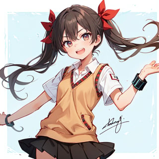1girl,:d,absurdres,armband,black_skirt,blue_background,blush,border,bow,brown_eyes,brown_hair,brown_sweater_vest,collared_shirt,contrapposto,cowboy_shot,dot_nose,forehead,green_armband,grin,hair_bow,hendra,highres,inset_border,legs_apart,long_hair,looking_at_viewer,miniskirt,open_mouth,parted_bangs,pleated_skirt,red_bow,school_uniform,shirai_kuroko,shirt,short_sleeves,sidelocks,signature,simple_background,skirt,smile,solo,sweater_vest,teeth,toaru_kagaku_no_railgun,toaru_majutsu_no_index,twintails,v-neck,white_border, best quality, masterpiece, nai3, niji, perfect_eyes, photo of perfect, eyes,