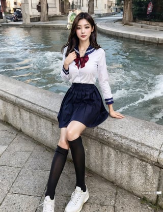 (Best quality,  8k,  32k,  Masterpiece,  UHD:1.2),  Photo of Pretty korean woman,  1girl,  (medium-short dark brown hair),  double eyelid,  medium breasts,  breast cleavage,  beautiful legs,  tall stature,  gorgeous royal tight dress, standing on roof of castle, necklace,  enchanting smile,  full body composition shot,  huge castle,  gorgeous,  stunningly beautiful face,  look at viewer,  depth of field,  photon mapping,  ray tracing,  detailed dark brown eyes,  detailed facial,  detailed real skin texture,  detailed fabric rendering,  detailed details,asian girl