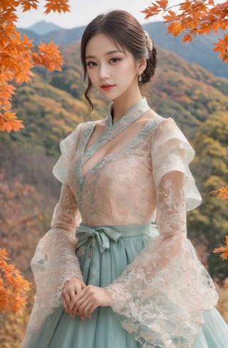 20 year old female, 16K wallpaper, 1 girl, looking at viewer, 16k uhd, dslr, (((big breasts, see-through hanbok))), ((original photo background, fall foliage background of Mt. Seorak) ),b3rli,Jiae,Perfect Eyes, Hourglass Body, crinoline dress, see through ruffled long bouffant sleeves jabot hanbok,15cm skillet high heels, quinceanera dress, crinoline dress, (((full body shot))), 32DD round fake tits and sexy round booty, (((having sex with clothes on)))
