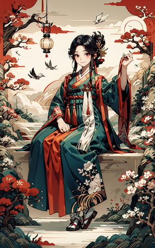 Girl,Drees, Black hair, Dangling Hair, colorful cloth, korea Traditional clothes), light smile, hua, (masterpiece:1.2, best quality), (Soft light), (shiny skin), Flying Cranes, girls, korea ink painting style,1girl, korea treditional cloth, hanbok, wear[stick; put on] a binyeo in one's hair, sitting, A few stray hairs,