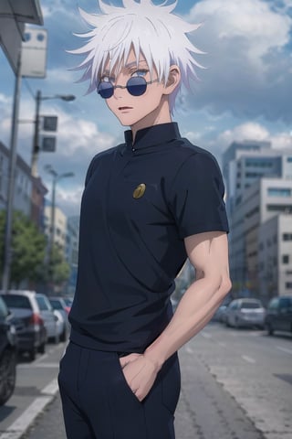 super fine illustration, satoru gojo, jujutsu kaisen, sharp nose, facial muscle, eyes colored #7fc9ca, short hair, messy hair,unkempt hair, white hair, sunglasses, black t shirt, solo, 1 man, dynamic angle, cowboy shot, Gojo, face shot,Jujutsu Kaisen