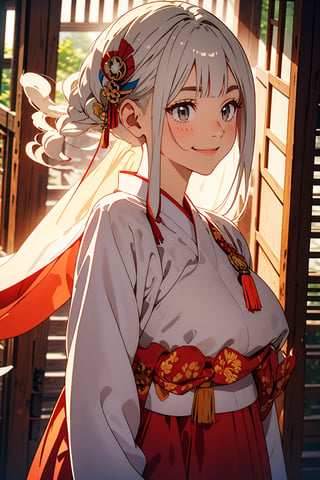 (masterpiece),illustration,ray tracing,beautiful detailed, Raising your hair in the wind, rainbow color clothes, colourful,finely detailed,dramatic light,
big breasts, hanbok, korea Traditional clothes,
white Miko outfit,matrue female,oval face,blunt bangs,long hair,tassel,white hair,blue eye,smile,fox ear,
matrue female,milf,long sleeves,(red skrit:1.5),
bisyoujo,lady,tsurime eyes, japanese architecture,forest,sunlight,diffuse light,