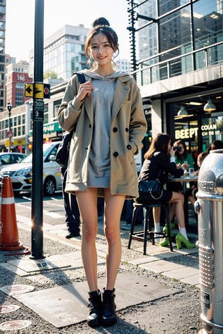 best quality, masterpiece, (photorealistic:1.4), 1girl, hairbun, long_sleeve, hoodie, coat, cold, scarf, skirts, outdoor, cafe, (happy:0.88), blue bottle, Chicago city, full body,hourglass body shape