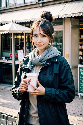 best quality, masterpiece, (photorealistic:1.4), 1girl, hairbun, long_sleeve, hoodie, coat, cold, scarf, skirts,outdoor, cafe, (happy:0.88), 