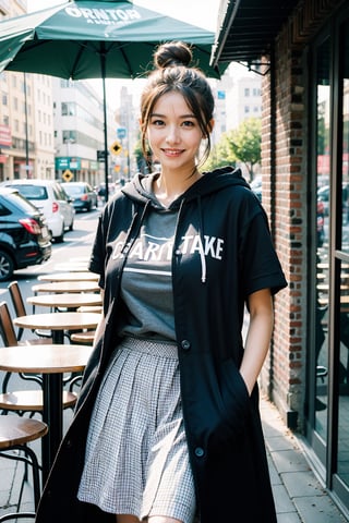 best quality, masterpiece, (photorealistic:1.4), 1girl, hairbun, short sleeve, hoodie, coat, skirts,outdoor, cafe, (happy:0.88), 