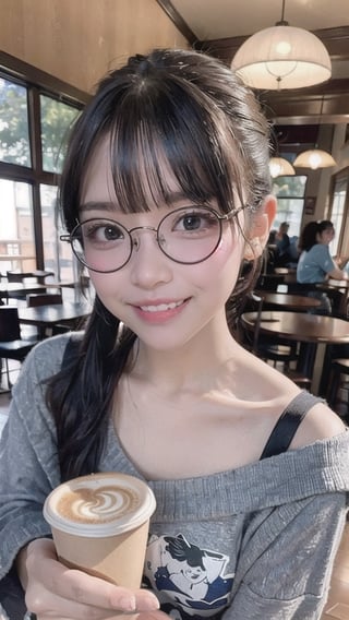 (masterpiece), 1girl,  brown eyes,  coffee house, coffee cup,ion___chu___, round_eyewear, smiling_face,off-shoulder_shirt, ponytail, 