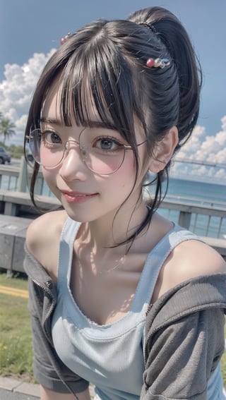 1girl, smiling_face, pouting, off-shoulder_shirt, round_eyewear, ponytail, ion___chu___, background_sky, ,ion___chu___