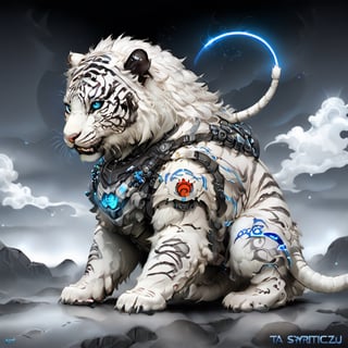 a white tiger, centered, ((solo)), digital art, full body, | cute of  venchile, science fiction, no humans, grey background, vehicle focus , chibi, black and blue sky futuristic, neon lights, | (white background:1.2), simple background, | (symetrical), glowing eyes, ((text " TA" on wall everywhere)),zj,mythical clouds