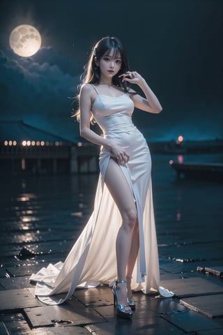 best quality, masterpiece, best resolution, absurdres, (colorful),, cinematic lighting, full body, extremely detailed CG unity 8k wallpaper,1girl, long white hair, wide eyes, eyelashes, concept art, posing, illuminate, illumination: 0.3,night sky,, (waifu, anime, exceptional, best aesthetic, new, newest, best quality, masterpiece, extremely detailed:1.2), moonlight, fantasy world, ancient dragon. perfect,blurry_light_background,iu