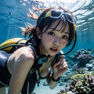 ,Bikin Expression of torn clothes Girl Scuba Diving, swimming, Nipple, naked wet hair,exposure to the breast's
