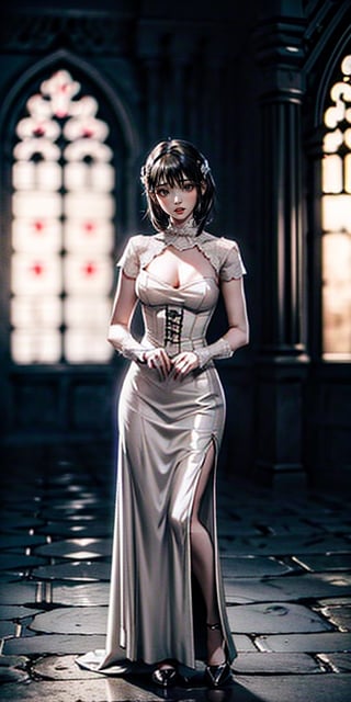 a vampire lady with ginger hair, light grey eyes with black mascara, and pale skin that juge you as an inferior being. She lives in the ruins of an old church. She wears a red dress with lots of lace. On top of it she has a black leather corset.
,blurry_light_background,iu