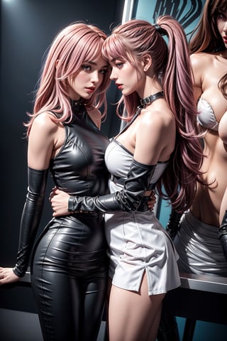 Against the backdrop of a retro poster, two young women in futuristic mecha strapless battlesuits embrace and kiss each other in an intimate embrace, with bustier skirts on top and ripped leather trousers on the bottom, revealing long, slender legs in a 1990s sci-fi movie vibe. The two female characters' hairstyles are soft purple and pink hair respectively, and their make-up is a bold red lip. With her silky mane, her confident stance and edgy look embodies the leggy girl sex appeal of the era.