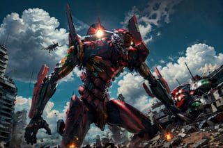 eva 02, evagod, evangelion mecha, giant robots assisting spaceships in transporting supplies, science fiction, light of the divine cloud, best quality, masterpiece, cyberpunk, full body