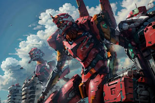 eva 02, evagod, evangelion mecha, giant robots assisting spaceships in transporting supplies, science fiction, light of the divine cloud, best quality, masterpiece, cyberpunk, full body