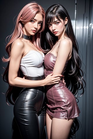 Against the backdrop of a retro poster, two young women in futuristic mecha strapless battlesuits embrace and kiss each other in an intimate embrace, with bustier skirts on top and ripped leather trousers on the bottom, revealing long, slender legs in a 1990s sci-fi movie vibe. The two female characters' hairstyles are soft purple and pink hair respectively, and their make-up is a bold red lip. With her silky mane, her confident stance and edgy look embodies the leggy girl sex appeal of the era.