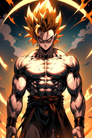(masterpiece, best quality, highres:1.3), ultra resolution image, (1girl), (male), (solo), black hair, eyes glinting, powerful charm, (spectral chic:1.2), toughest guy, glitter, ohterworldly energy, mood of the vitality, heaven, all naked, no clothe, (songoku in DragonBall ), muscular man, shiny yellow hair