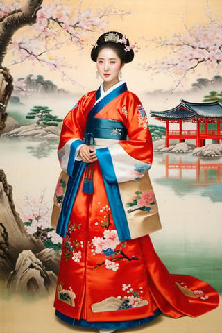 (masterpiece, best quality, ultra-detailed, finely detailed, high resolution), a portrait of a beautiful princess of the korea chosun kingdom,3un, full-body_portrait, Cherry blossoms bloom near the pond and there are people in the pavilion