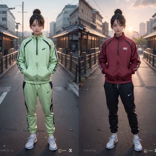 hyperrealism, cinematic lighting, ambient lighting, side lighting, soft Light, sharp, photo of a beautiful Korean instagram model, full body shots, standing pose, high bun updo hairstyle, A slight smile, natural skin texture, chartreuse, Rogers performance mesh zip-up. red and black, Woollike Stretch Daily Jogger Pants. socks, Nike Dunk Low Twist. sun Light, Morning wide shot of Han River Park in Korea. camera angle Neutral view, eye focus, looking at away, onoff