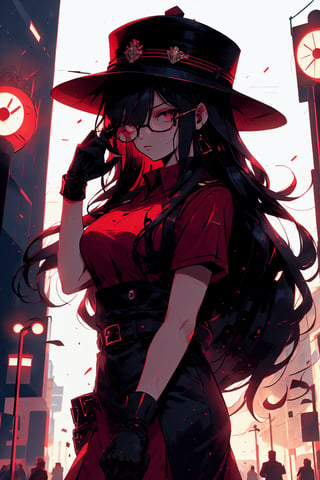 A girl, long hair, brunette, glasses, hat, red t-shirt, gloves, standing, street, high rise, traffic light, vehicle, crosswalk, disdainful,