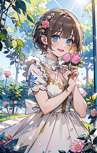 (masterpiece, best quality, highres:1.3), ultra resolution image, (1girl), (solo), kawaii, brown hair, short hair, fringe, blue eyes, petal, sparkling magic, (soft sunlight:1.3), fantasy, nature accessories, happy, roses, lolita, dress,glitter,shiny