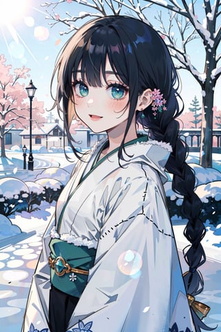 (masterpiece, best quality, highres:1.3), ultra resolution image, (1girl), (solo), kawaii, little girl,  kimono, kawaii, black twin braid, fringe, emerald eyes, (soft sunlight:1.3), winter, snow, happy