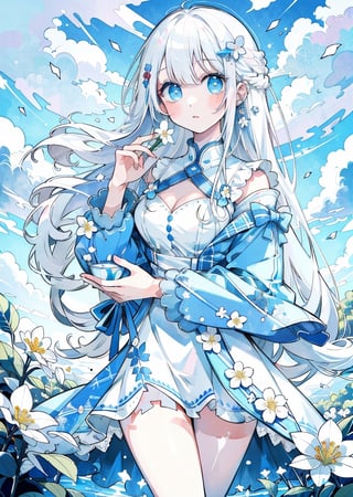 (masterpiece, best quality, highres:1.3), ultra resolution image, (1girl), (solo), kawaii, white hair, long hair, blue eyes, white dress, nature accessories, outdoors, clouds, holding white flowers, white flowers, beautiful lighting