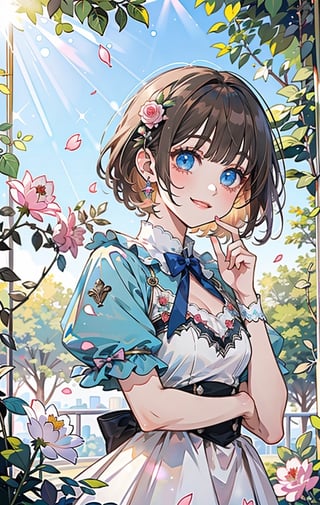 (masterpiece, best quality, highres:1.3), ultra resolution image, (1girl), (solo), kawaii, brown hair, short hair, fringe, blue eyes, petal, sparkling magic, (soft sunlight:1.3), fantasy, nature accessories, happy, roses, lolita, dress,glitter,shiny