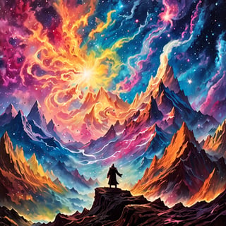 Leonardo Style, A breathtaking landscape painting depicting a lone man standing in front of a towering, snow-capped mountain. He raises his arms to collect the energy from universe, harnessing the cosmic energy of the universe, while the night sky above is ablaze with swirling nebulas and distant galaxies. The man's silhouette radiates power and determination in this surreal masterpiece, colorful, detailed, 4k, pro vector, full design, Alchemy Smooth Upscaled