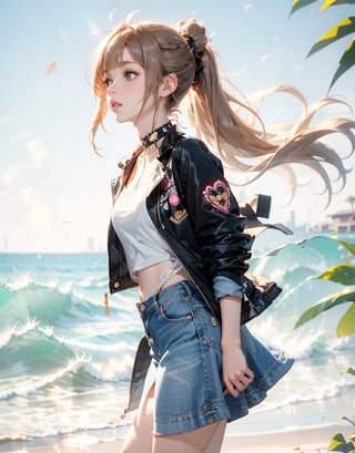 (masterpiece, best quality:1.3, ultra-realistic, 8k,photoshop,realistic,illustration)1girl blonde_hair braid braided_ponytail choker cowboy_shot crop_top cropped_jacket wather_floating ocean denim denim_skirt grey_background jacket long_hair looking_at_viewer miniskirt  pink_choker pink_jacket shirt skirt solo very_long_hair beach_background white_shirt Kokomi,ASU1