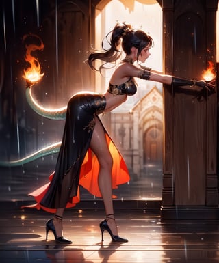 (masterpiece, best quality:1.3, ultra-realistic, 8k, photoshop, realistic illustration,) 1girl,medieval town, dragon tail,light skin,reflection,black dress, shiny skin,sunshine ,rain, flames, w arms,stomach,stocking, heels,medium breasts, black hair, pale skin,, long gloves, dance pose,