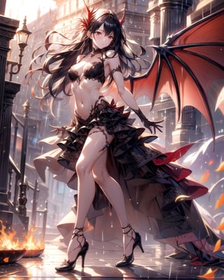 (masterpiece, best quality:1.3, ultra-realistic, 8k, photoshop, realistic illustration,) 1girl,medieval town, dragon wings ,dragon tail,light skin,reflection,black dress, shiny skin,sunshine ,rain, flames, w arms,stomach,stocking, heels,medium breasts, black hair, pale skin,, long gloves, dance pose,