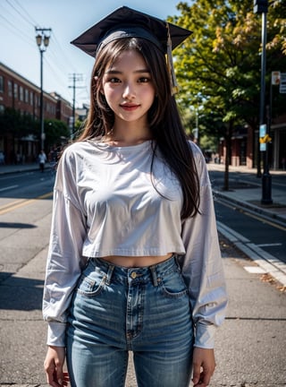 photorealistic, raw photo:1.2, hyperrealism, ultra high res, Best quality, masterpiece, 8k, realistic light, delicate facial features, 

(A 18-year-old Korean girl),

A college student on graduation day, wearing a graduation cap and smiling broadly. looking quite mature. She appears intelligent and intellectual,
full-body shot on a university campus street on graduation day with numerous students in the background, 

She is dressed in tight jeans and a tight white blouse, looking quite mature. 
