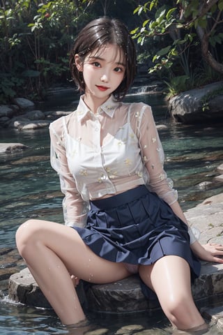 Beautiful realistic korean teen girl with short hair,wet with water, 
pulling up skirt and show her panty, transparent nightwear panty,(shot from below),bold pussy lips, cameltoe, 
wearing a korean school uniform,shoulder exposure, small breasts, loose wet transparent blouse, navy skirt, outdoors,
 sit on the rock on the stream, looking at the camera, using magic, bright smile, 8k masterpiece, ultra realistic, UHD, highly detailed, best quality,

skirt_lift,iu