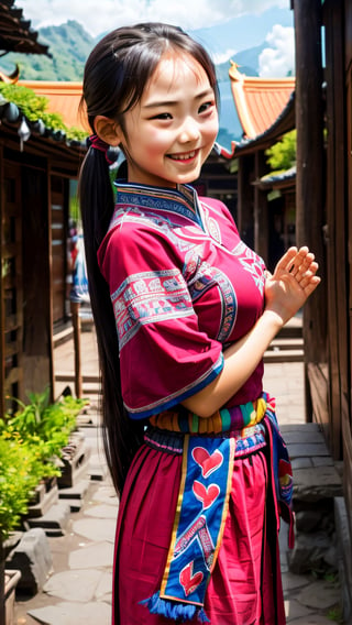 12 year old girl, Laos Hmong, ((Miao)), traditional clothes, big breasts, slim waist, cute girl, making heart with hands and smiling face,ruka_babymonster