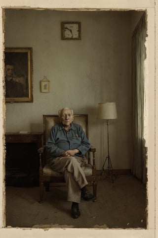 realist masterpiece, portrait of an old man in a darkened room captures a scene full of mystery and nostalgia, The gloom hovers softly over the room, barely allowing light to filter through the almost closed curtains, This creates a subdued and melancholic atmosphere, where details are difficult to distinguish at first glance, In the center of this somber atmosphere, stands an elderly man, His face shows the furrows of time, marked lines that tell stories of life and experience, The wrinkled and worn skin is a witness of the years he has lived, His eyes, although darkened by the lack of light, seem to reflect a deep wisdom and perhaps a touch of sadness, she lies in a worn armchair, with a hunched posture that suggests the weight of years on her shoulders, A soft ray of light rests on her figure, faintly illuminating her wrinkled and trembling hands, which rest on her legs, Her fingers may hold a worn photograph of times past, The room itself is a time capsule, filled with objects that tell forgotten stories, A pendulum clock on the wall marks the passage of time with a gentle tick-tock, while period furniture stands as silent witnesses to better days, Overall, It is an image that makes us contemplate the passage of time and the depth of the human experience as we age.,aesthetic portrait,lun4,n3n3k,Miss Grand International,AI_Misaki