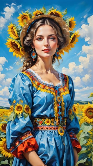 ultra detailed oil painting of a stunning woman in traditional outfit from Ukraine, surrounded by sunflowers, blue sky with summer clouds, hand-painted, art by MSchiffer, sharp focus, colorful, high contrast,