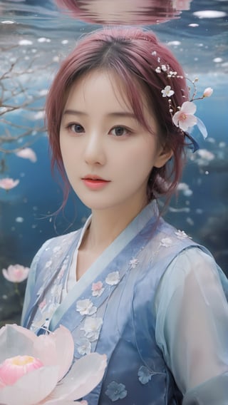 Masterpiece, top quality, artwork photography, highly detailed cg 8k wallpaper, (petals) (detailed ice), crystal texture skin, cold pressed, (gorgeous hanbok), 22 year old Korean woman, full body, (pink hair), long hair, messy hair, blue eyes, looking at the audience, very delicate and beautiful, under water with strong light, (beautiful eyes), very detailed, movie lighting, (beautiful face), beautiful water surface, (original character painting), very Detail, incredibly meticulous, (very detailed and beautiful), beautiful meticulous eyes, (best quality)
,LinkGirl,xxmixgirl,3un,beautymix,NYFlowerGirl,underwater,yua_mikami,aesthetic portrait