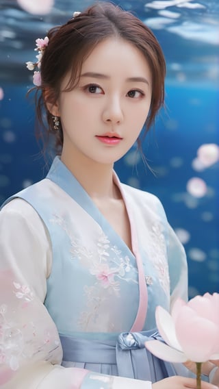 Masterpiece, top quality, official art, highly detailed CG 8k wallpaper, (petals) (detailed ice), crystal texture skin, cold pressed, (gorgeous hanbok), 22 year old Korean woman, full body, (pink hair), long hair, messy hair, blue eyes, looking at the audience, very delicate and beautiful, under water with strong light, (beautiful eyes), very detailed, movie lighting, (beautiful face), beautiful water surface, (original character painting), very Detail, incredibly meticulous, (very detailed and beautiful), beautiful meticulous eyes, (best quality)
,LinkGirl,xxmixgirl,3un,beautymix,A girl dancing 